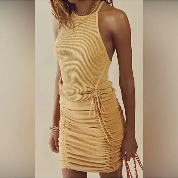 Free People FP ONE Katya Thermal Mini Dress Ruched in‎ Yellow Size Small NWOT - Picture 1 of 11
